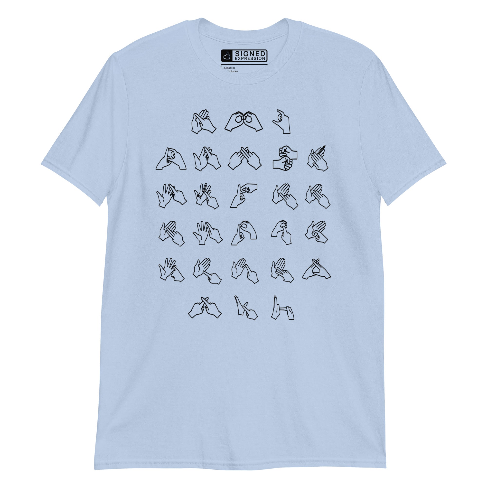 Front view of a light blue t-shirt with BSL Alphabet - Black Fingerspelling