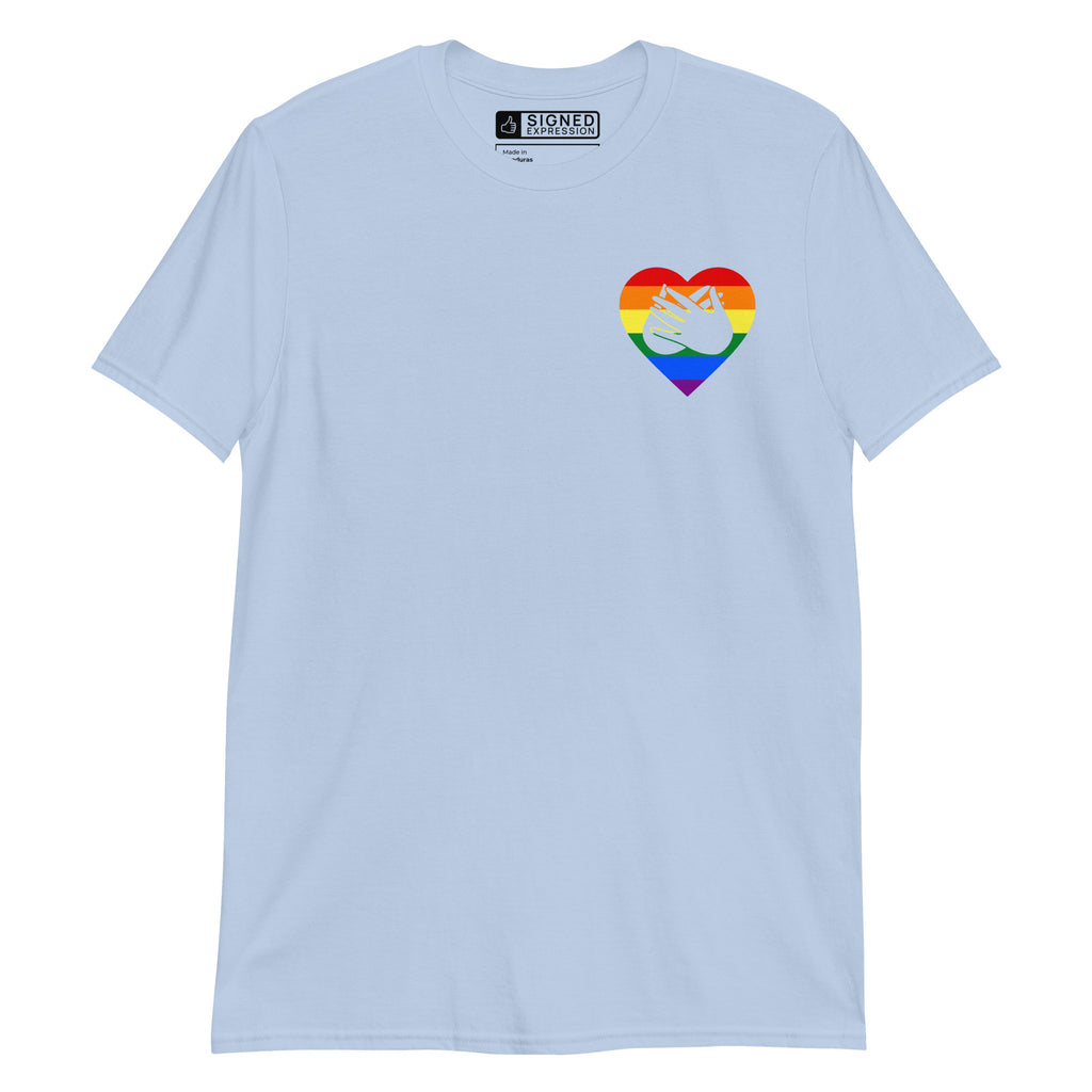 Light blue coloured T-Shirt showing a pride coloured heart and the iconic BSL Love sign embedded in it on the left side of the chest