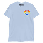 Light blue coloured T-Shirt showing a pride coloured heart and the iconic BSL Love sign embedded in it on the left side of the chest