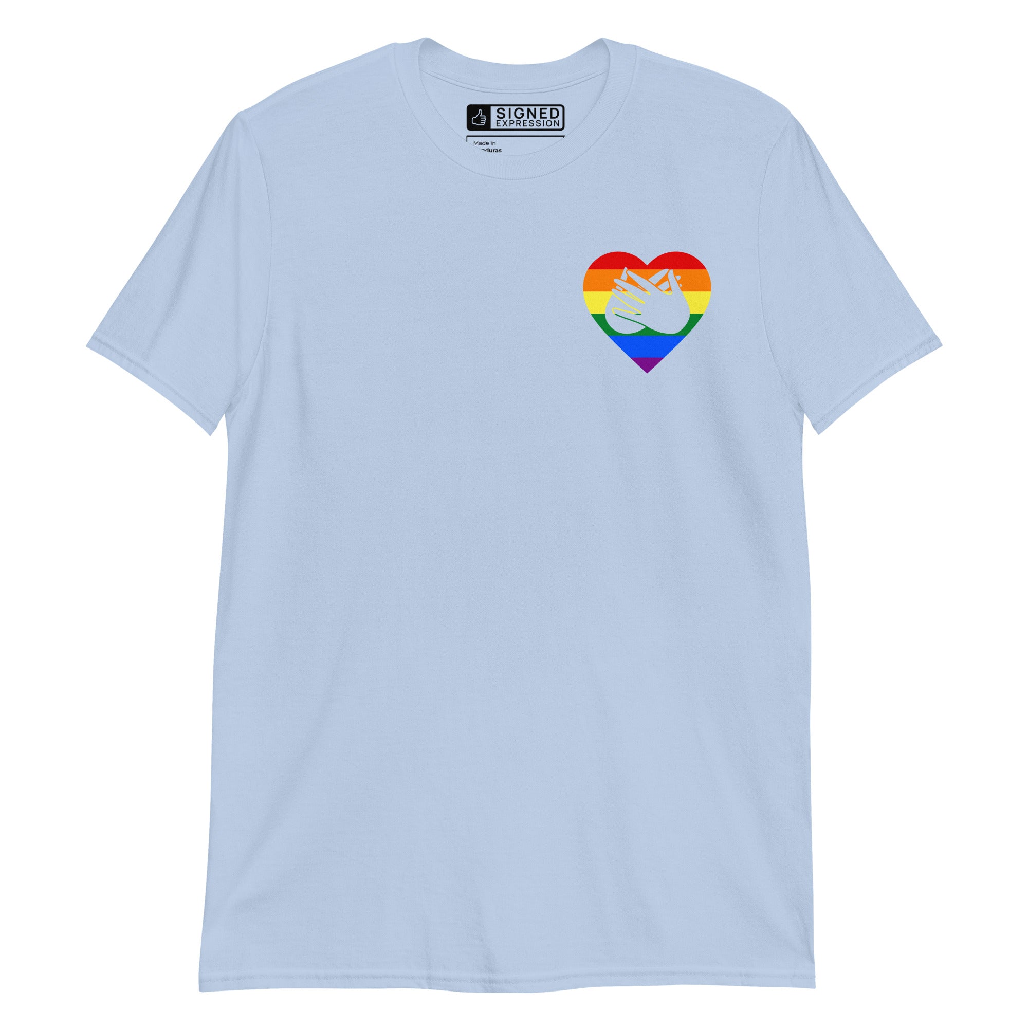 Light blue coloured T-Shirt showing a pride coloured heart and the iconic BSL Love sign embedded in it on the left side of the chest