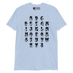 Front view of a light blue t-shirt with BSL Alphabet - Black Fingerspelling & Text