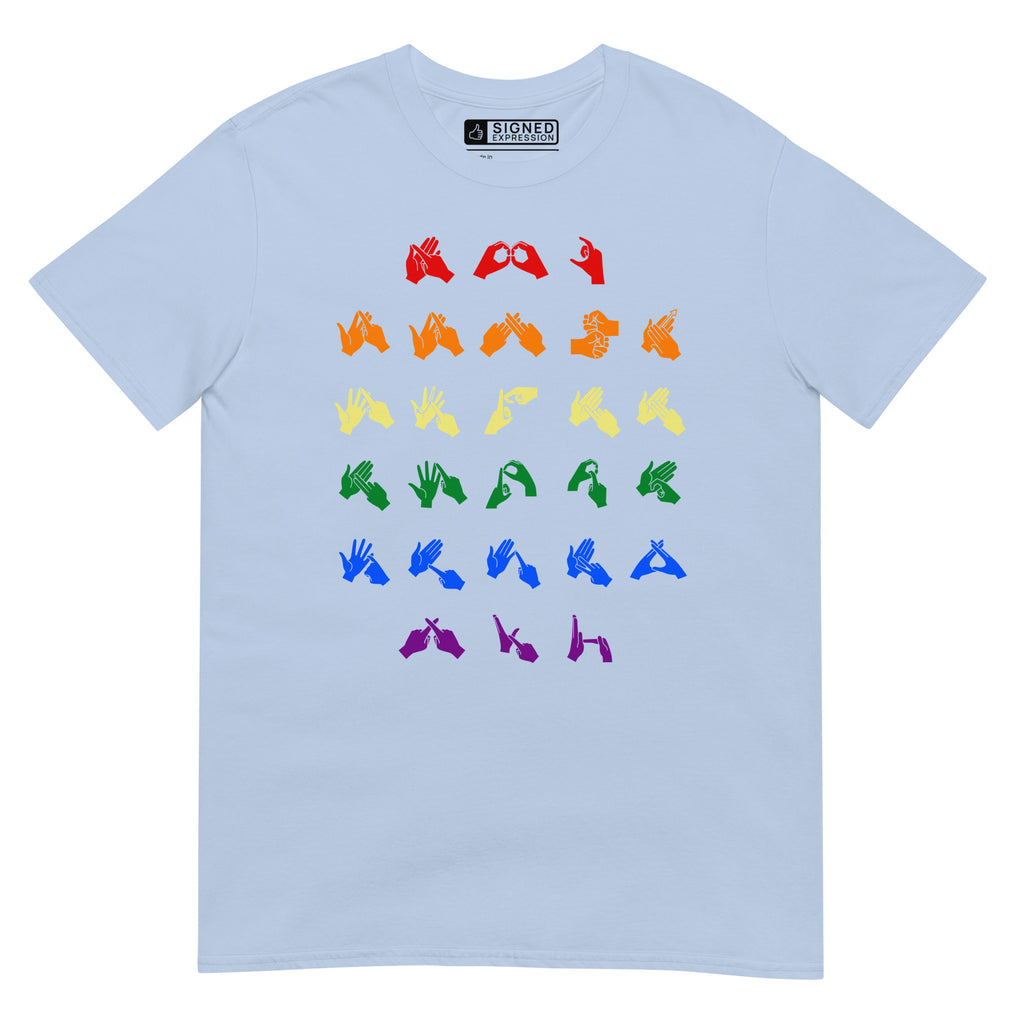Front view of a light blue t-shirt with BSL Alphabet - Pride Fingerspelling