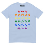Front view of a light blue t-shirt with BSL Alphabet - Pride Fingerspelling
