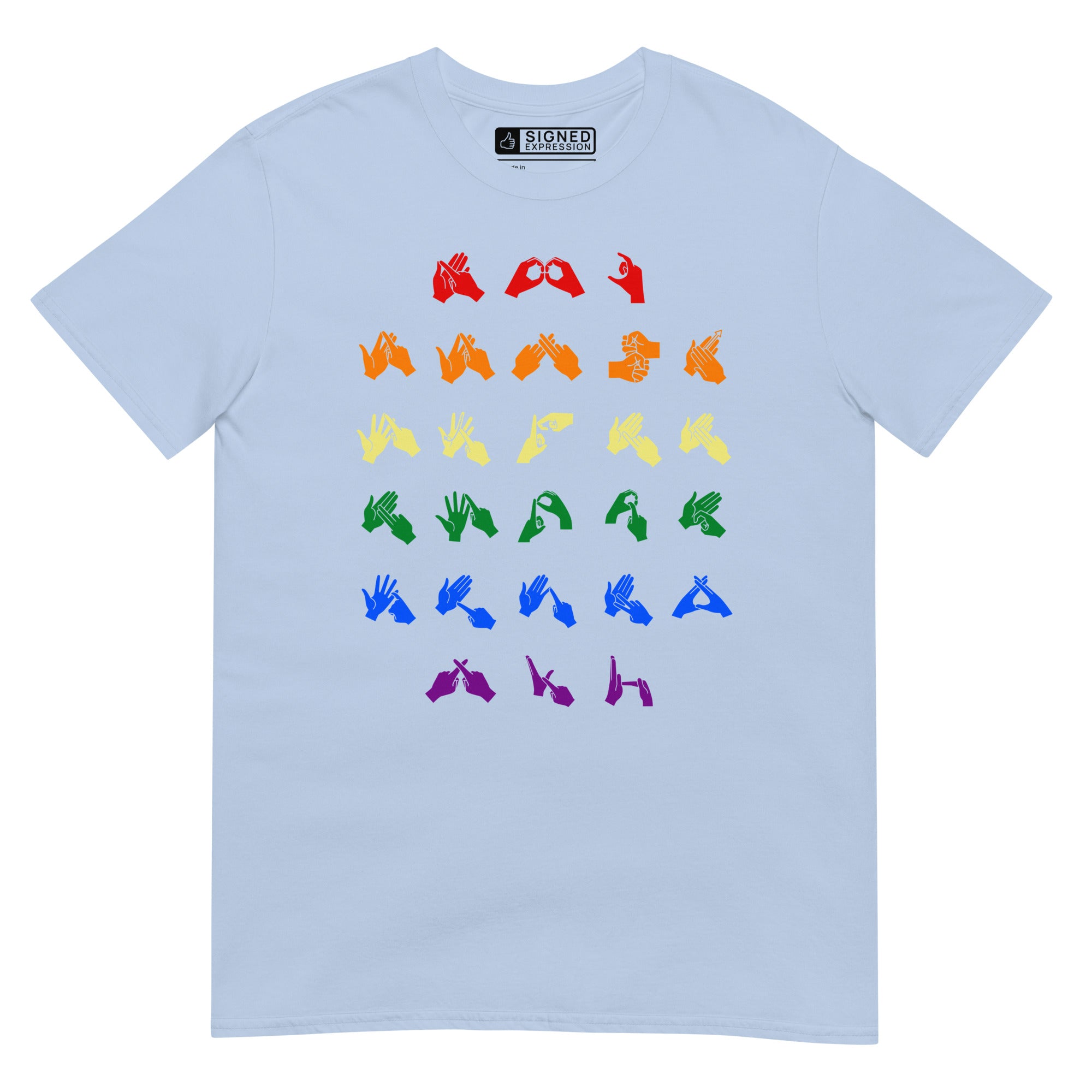 Front view of a light blue t-shirt with BSL Alphabet - Pride Fingerspelling