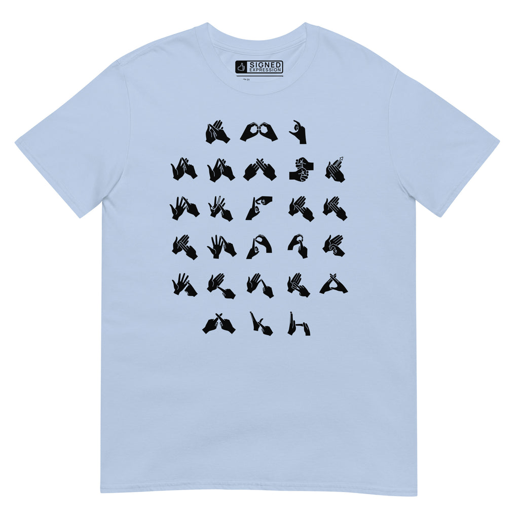 Front view of a light blue t-shirt with BSL Alphabet - Black Fingerspelling