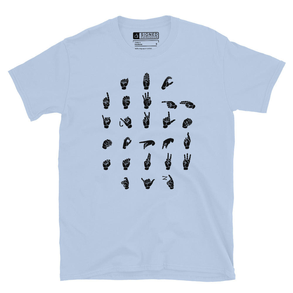 Front view of a light blue t-shirt with ASL Alphabet - Black Fingerspelling