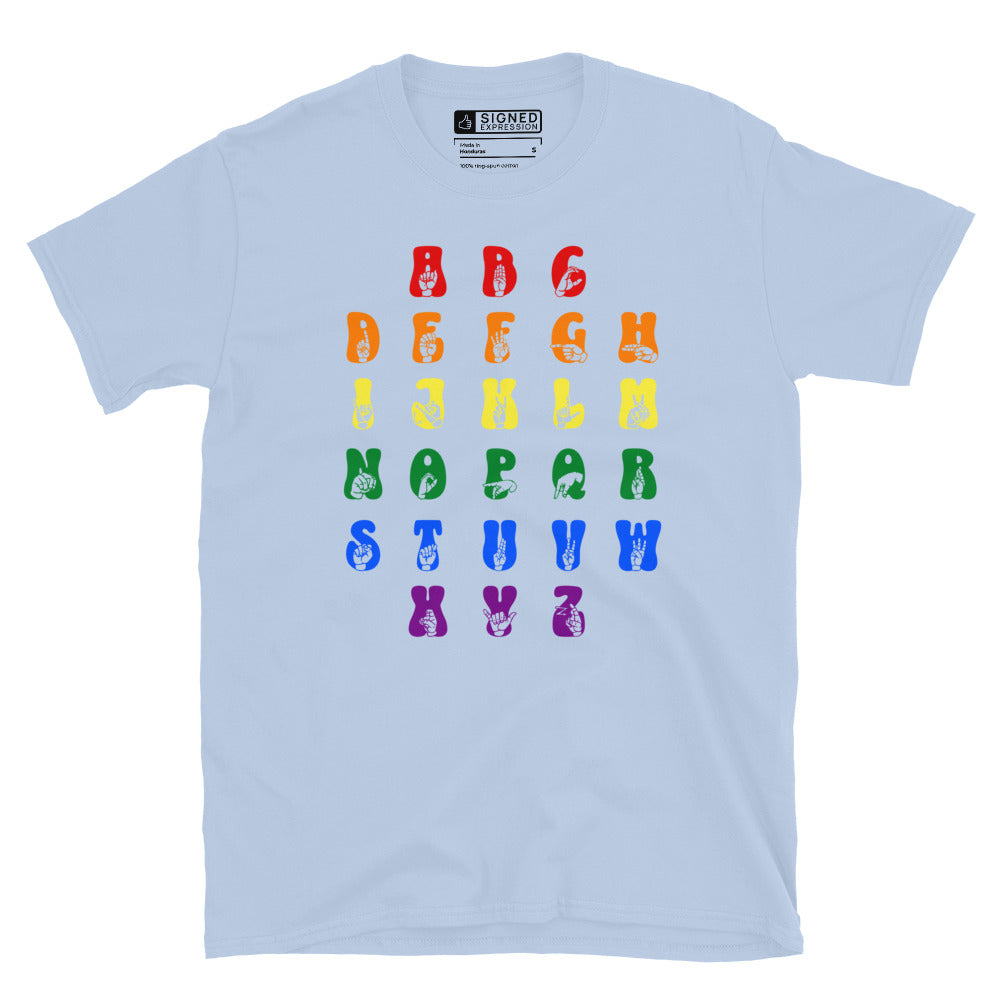 Front view of a light blue t-shirt with ASL Alphabet - Pride Fingerspelling & Text