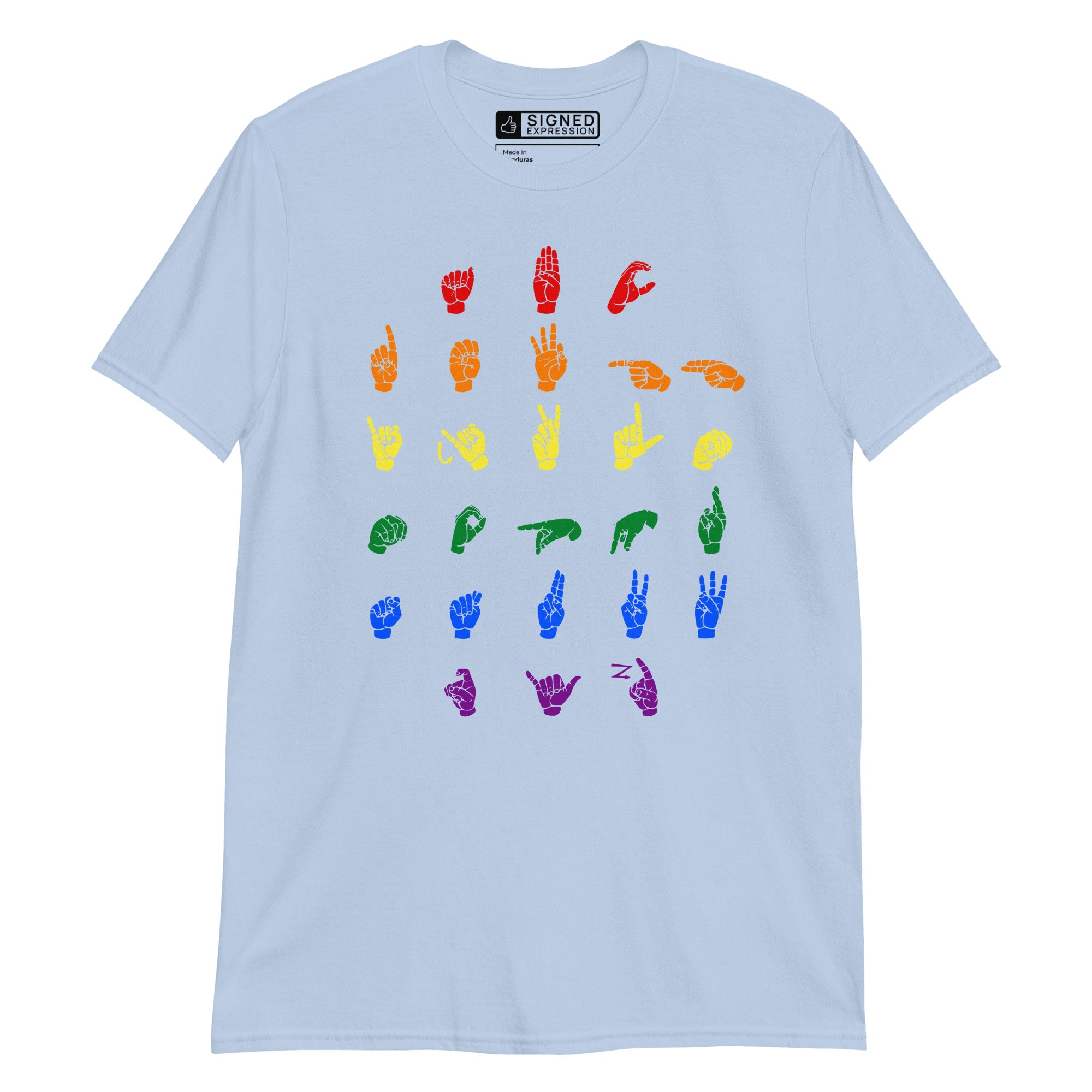 Front view of a light blue t-shirt with ASL Alphabet - Pride Fingerspelling