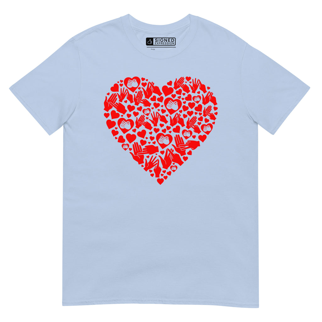 Light blue coloured T-Shirt showing a red  coloured heart shaped mosaic formed from smaller love hearts, BSL fingerspelling that spells LOVE, and heart shapes embedded with the BSL sign for love