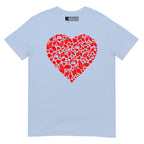 Light blue coloured T-Shirt showing a red  coloured heart shaped mosaic formed from smaller love hearts, BSL fingerspelling that spells LOVE, and heart shapes embedded with the BSL sign for love