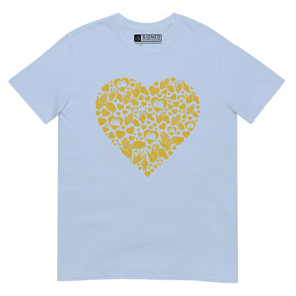 Light blue coloured T-Shirt showing a gold coloured heart shaped mosaic formed from smaller love hearts, BSL fingerspelling that spells LOVE, and heart shapes embedded with the BSL sign for love