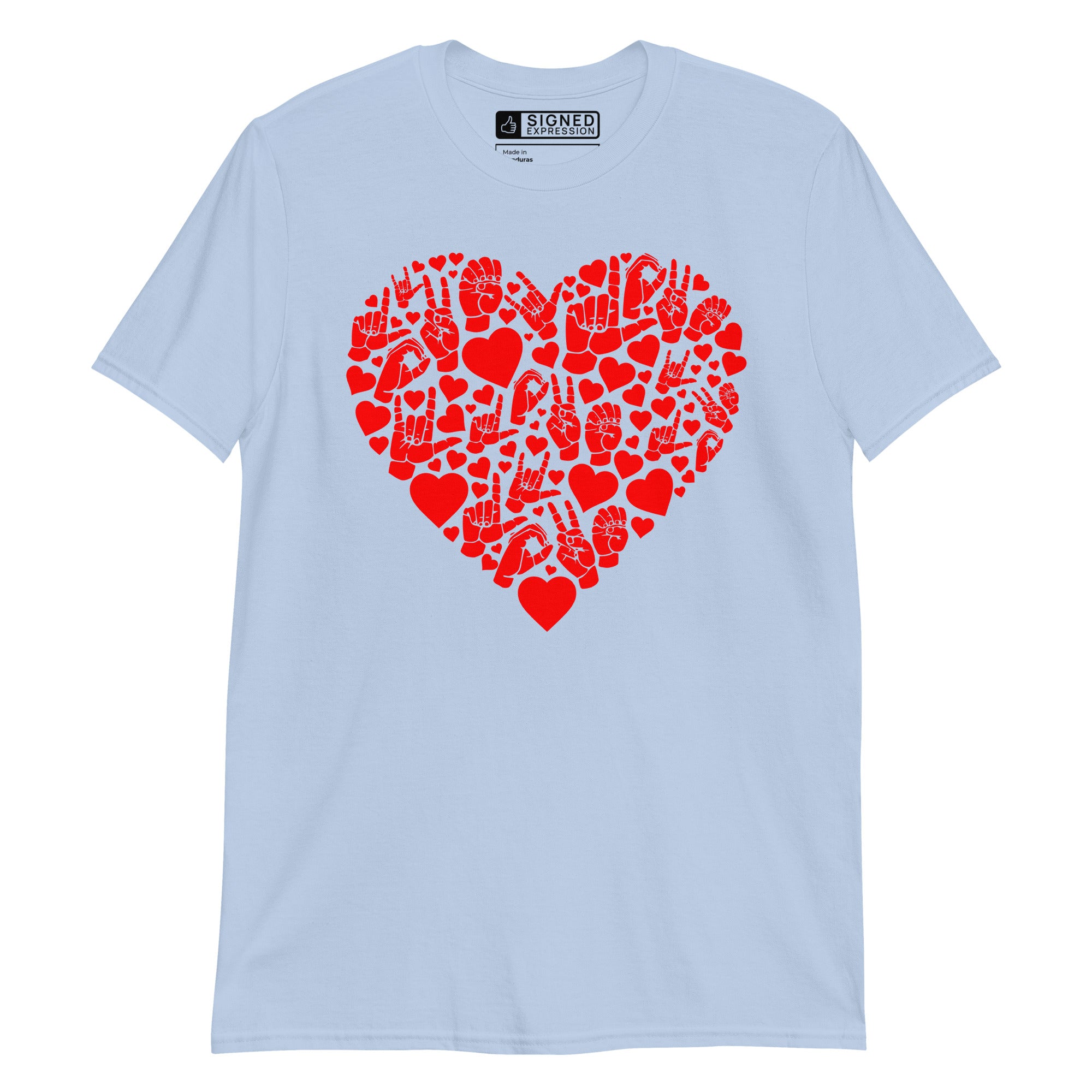 Light blue coloured T-Shirt showing a red  coloured heart shaped mosaic formed from smaller love hearts, ASL fingerspelling that spells LOVE, and the ASL sign for I love you