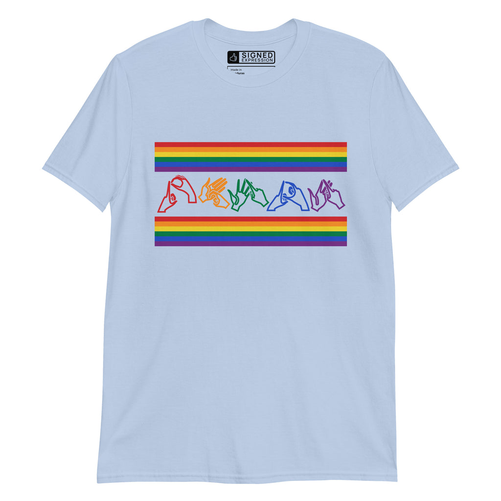 Light blue t-shirt with pride rainbow stripes and the word pride in BSL fingerspelling