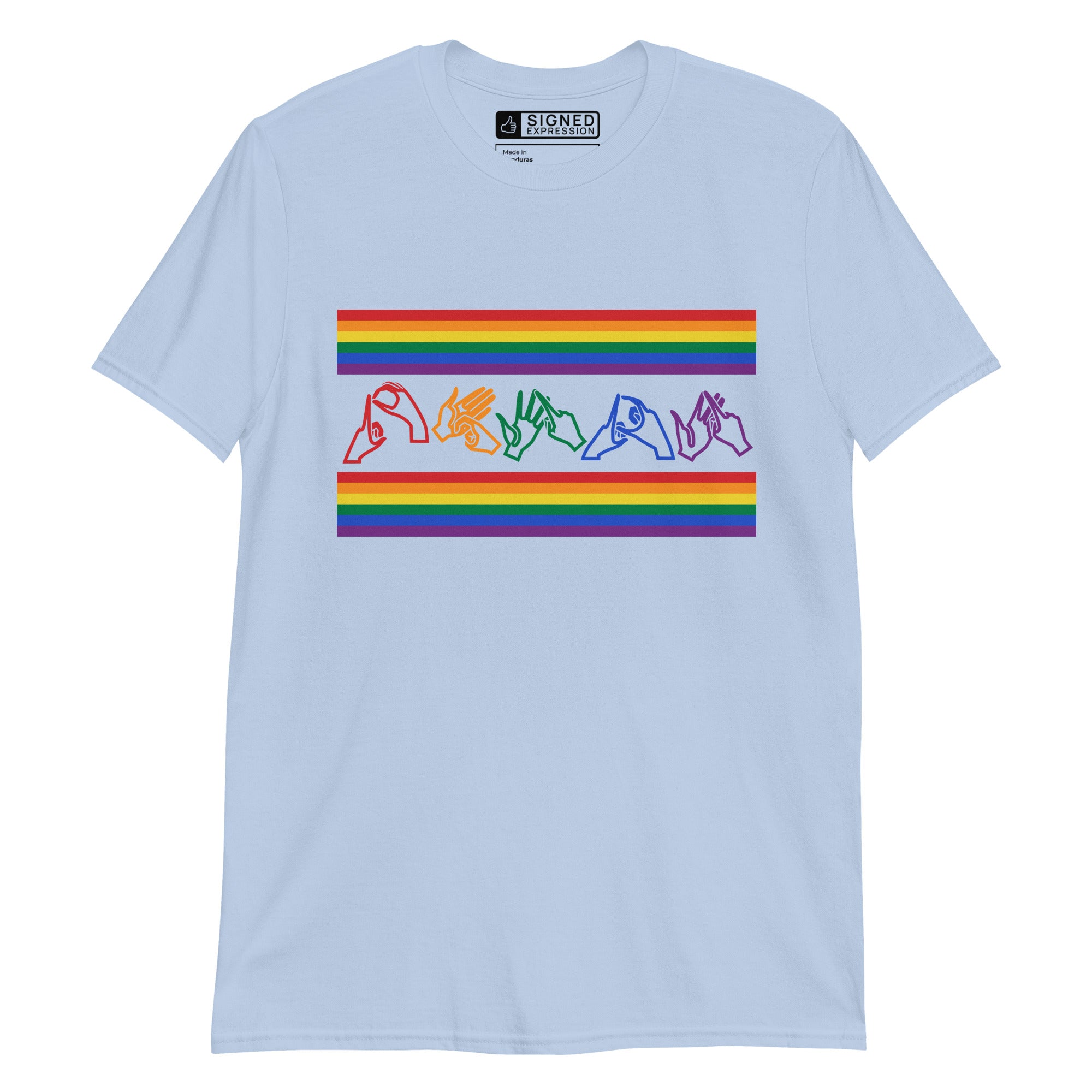 Light blue t-shirt with pride rainbow stripes and the word pride in BSL fingerspelling