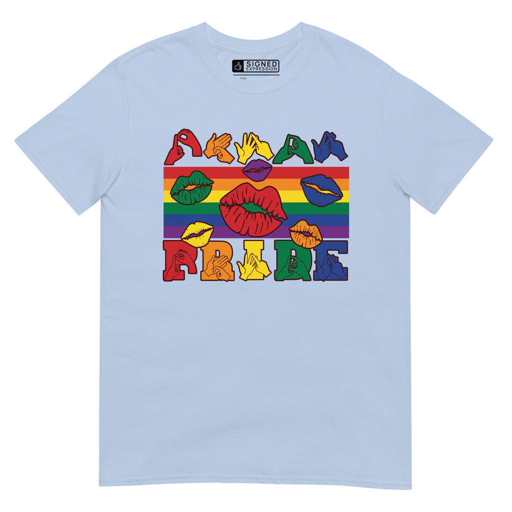 Light blue t-shirt with pride rainbow stripes, colourful kissing lips and the word pride in BSL fingerspelling