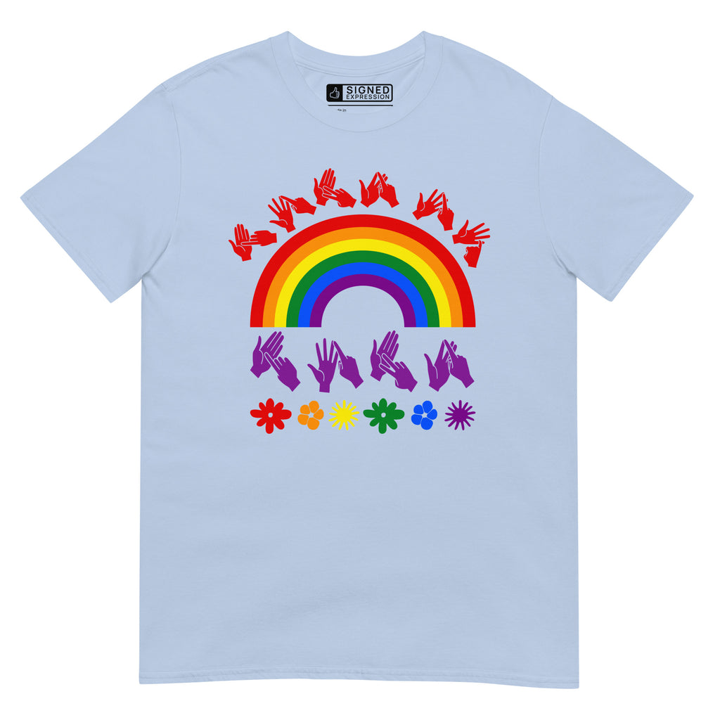 Light blue t-shirt with pride rainbow surrounded by the phrase "Love Is Love" in BSL fingerspelling