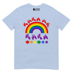 Light blue t-shirt with pride rainbow surrounded by the phrase "Love Is Love" in BSL fingerspelling