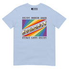 Light blue t-shirt with pride rainbow spectrum of colours with the word Equality through the centre in BSL fingerspelling font