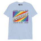 Light blue t-shirt with pride rainbow spectrum of colours with the word Equality through the centre in ASL fingerspelling