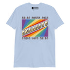 Light blue t-shirt with pride rainbow spectrum of colours with the word Equality through the centre in ASL fingerspelling font