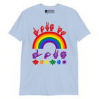 Light blue t-shirt with pride rainbow surrounded by the phrase "Love Is Love" in ASL fingerspelling