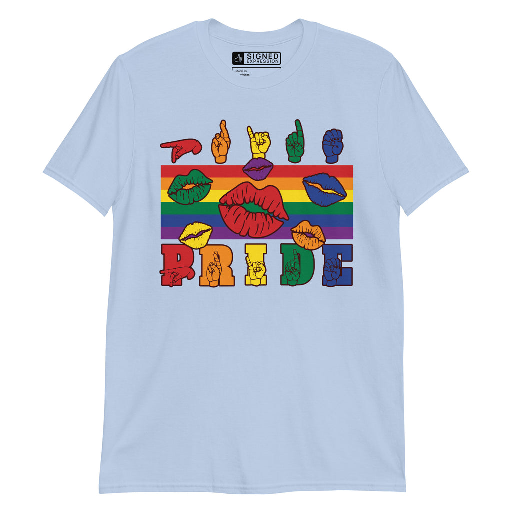 Light blue t-shirt with pride rainbow stripes, colourful kissing lips and the word pride in ASL fingerspelling