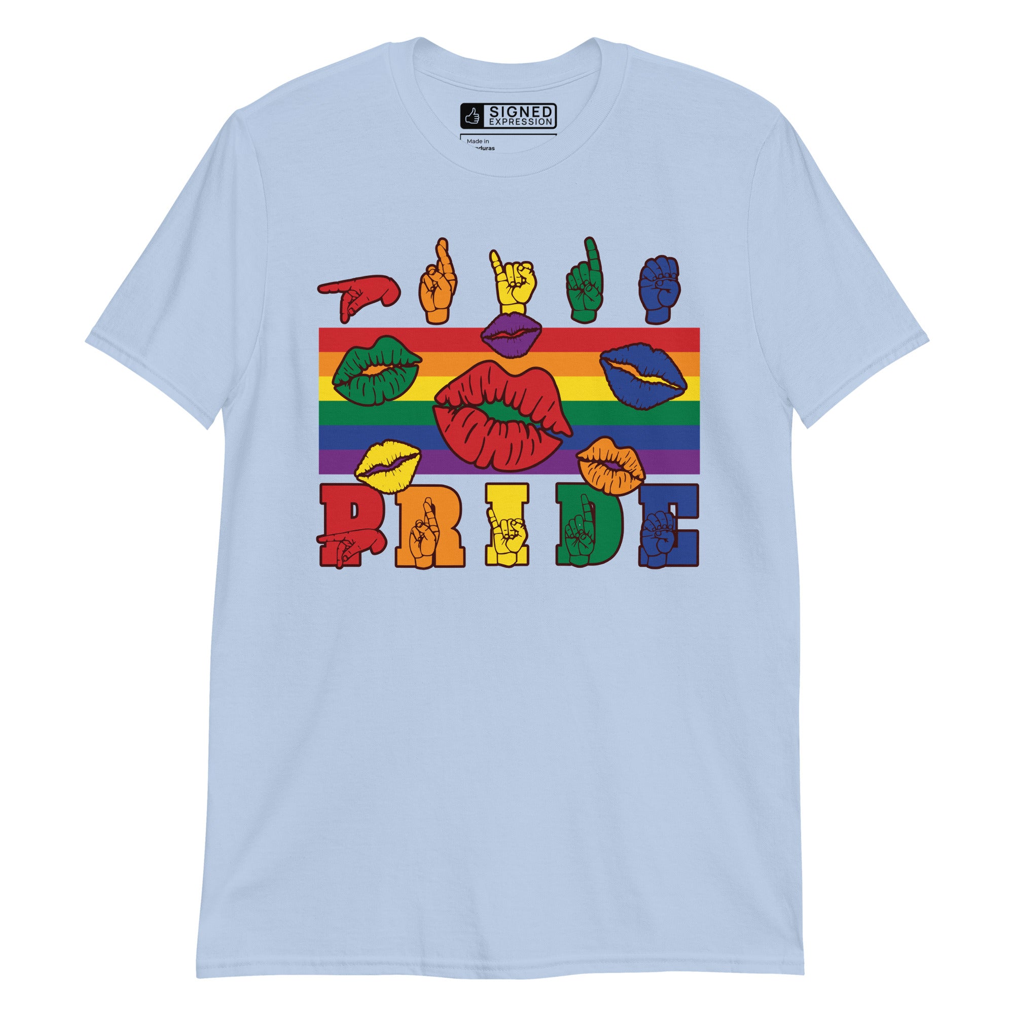Light blue t-shirt with pride rainbow stripes, colourful kissing lips and the word pride in ASL fingerspelling