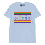 Light blue t-shirt with pride rainbow stripes and the word pride in ASL fingerspelling