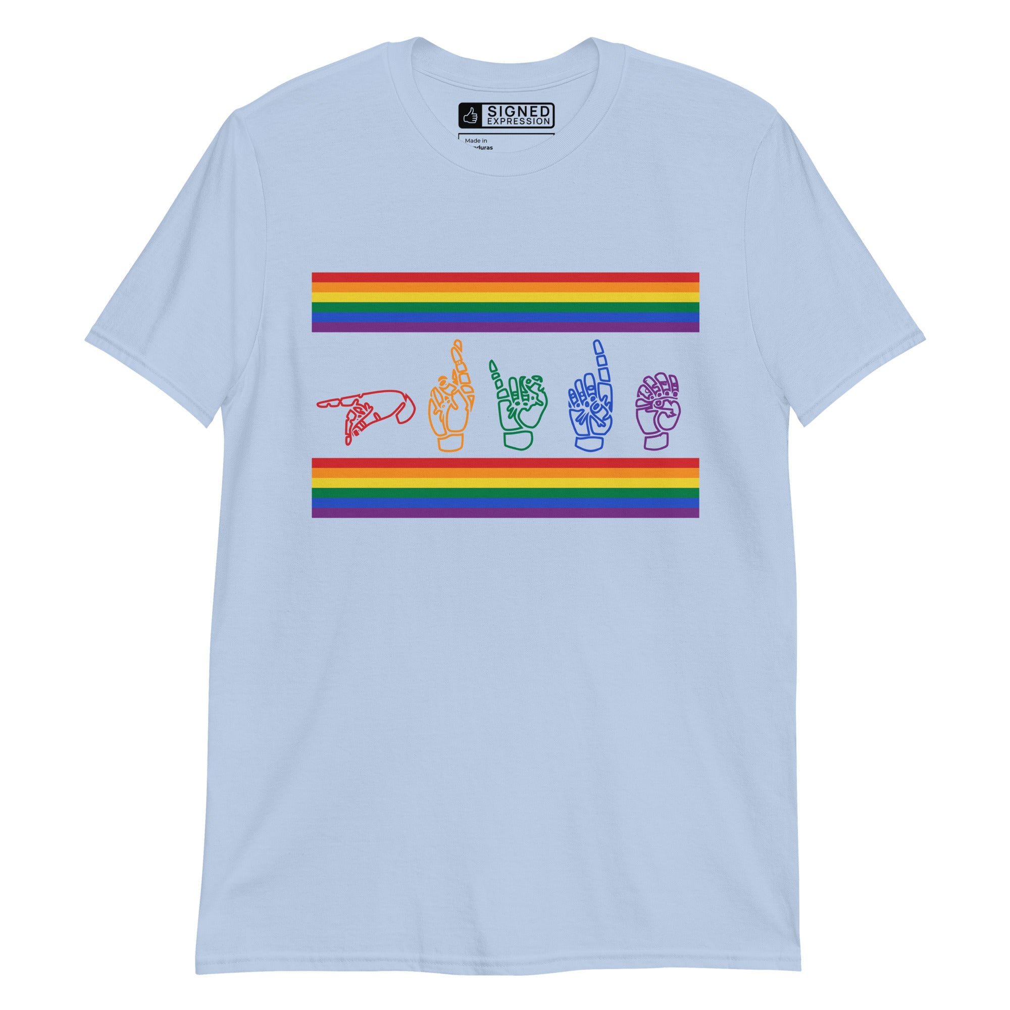 Light blue t-shirt with pride rainbow stripes and the word pride in ASL fingerspelling