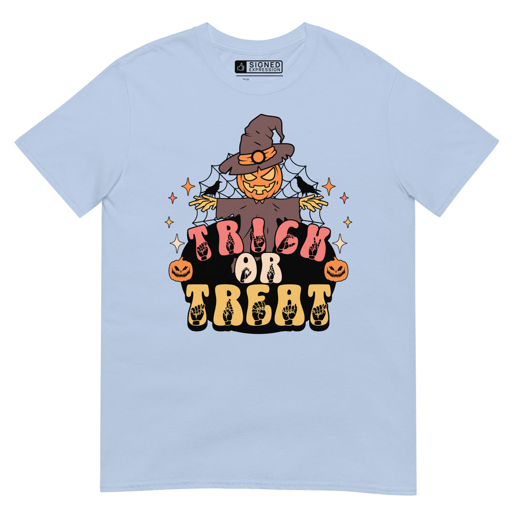 Light blue Halloween scarecrow trick or treat t-shirt with ASL design.