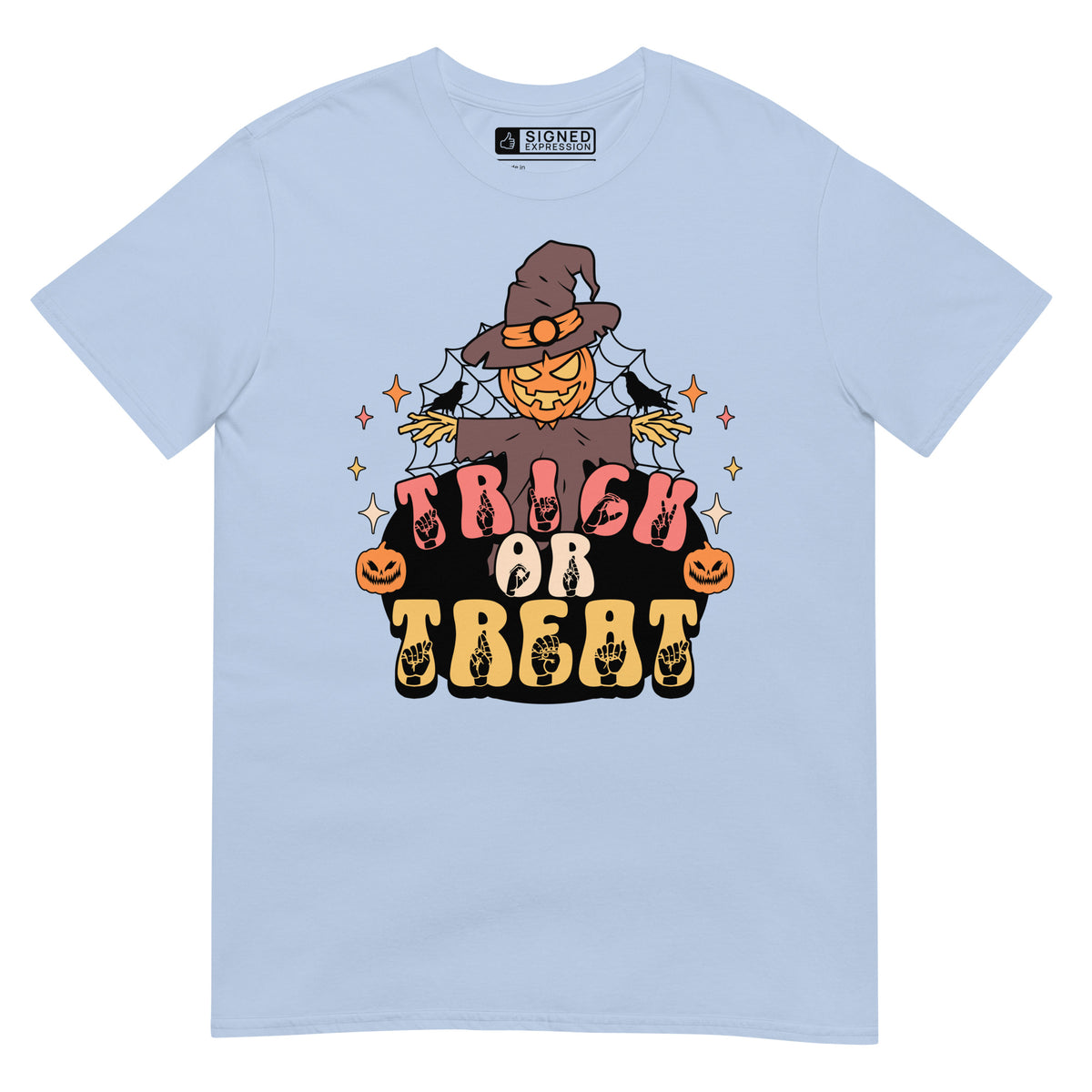 Light blue Halloween scarecrow trick or treat t-shirt with ASL design.