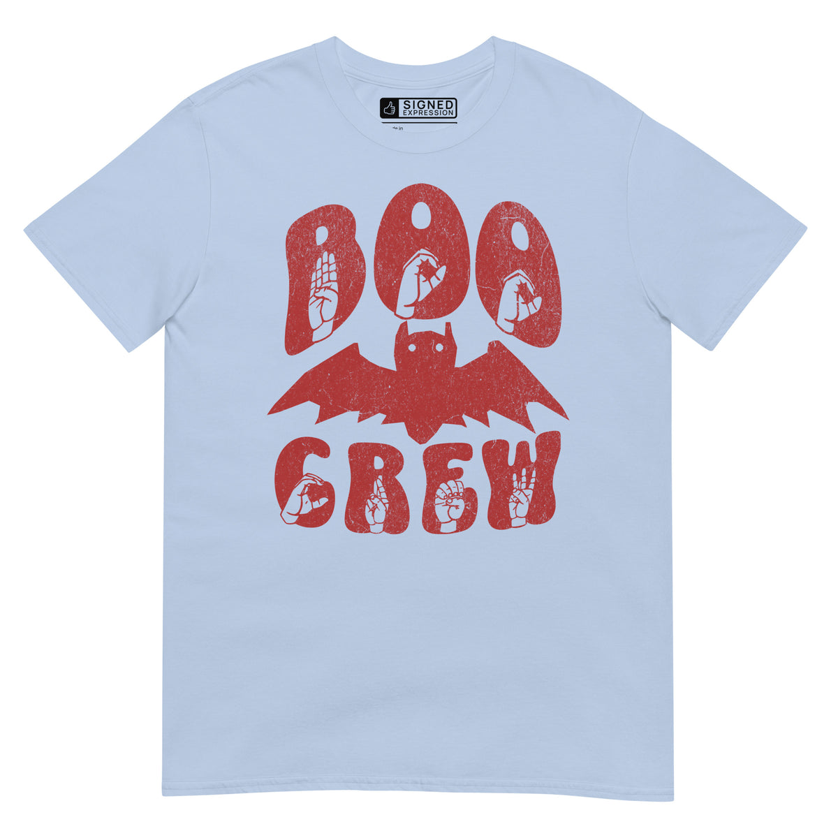 Light blue Boo Crew bat Halloween t-shirt with ASL design.