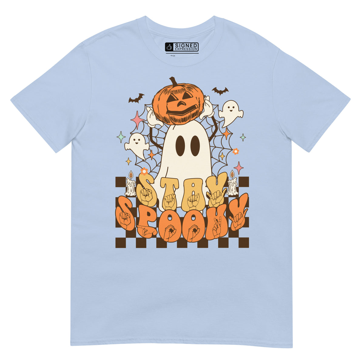 Light blue Stay Spooky ghost pumpkin Halloween t-shirt with ASL design