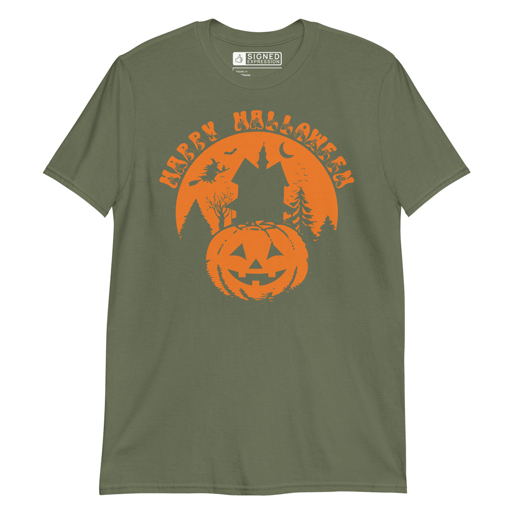 Military green coloured kids Happy Halloween pumpkin haunted house t-shirt with BSL design.