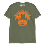 Military green Happy Halloween pumpkin haunted house t-shirt with BSL design.