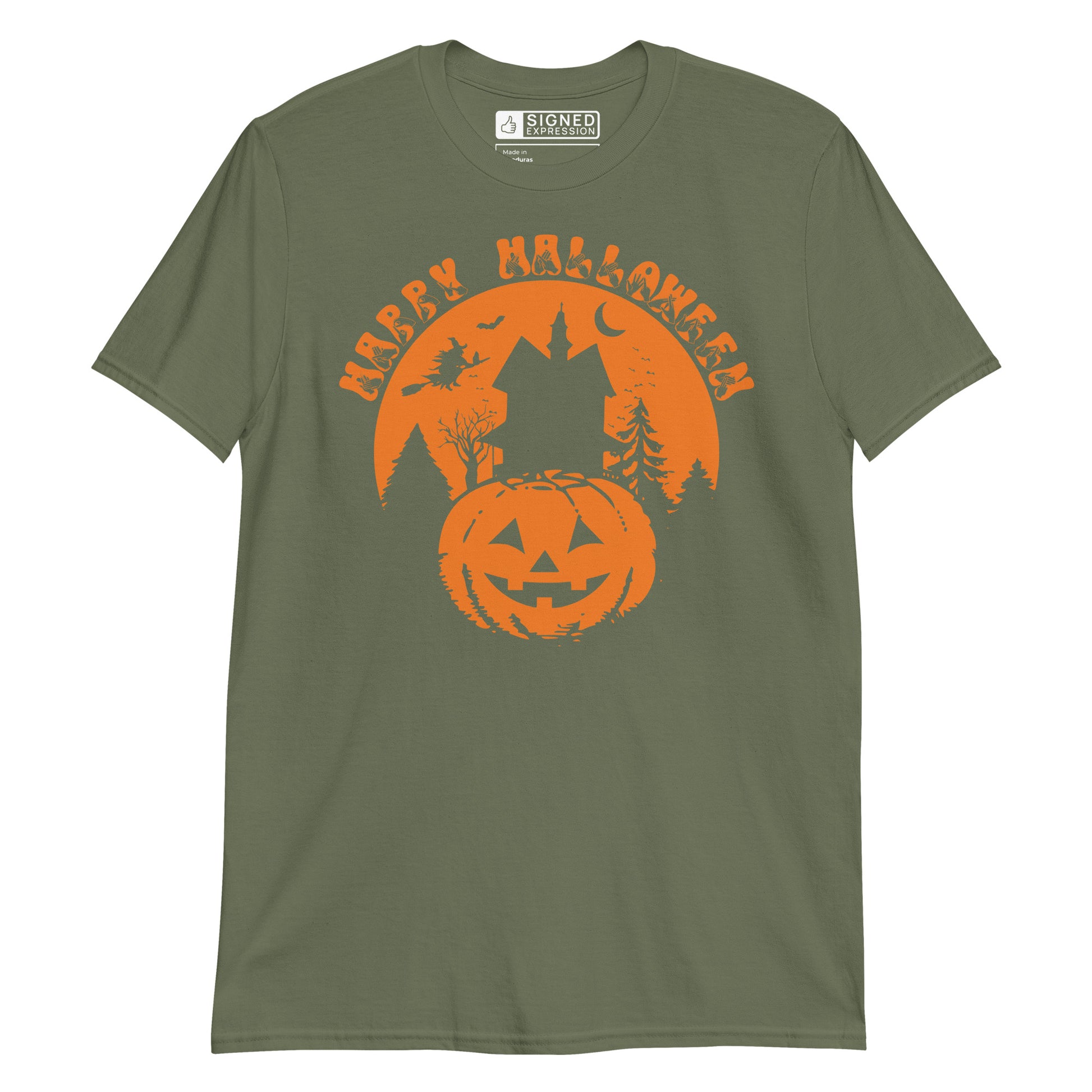 Military green coloured kids Happy Halloween pumpkin haunted house t-shirt with BSL design.