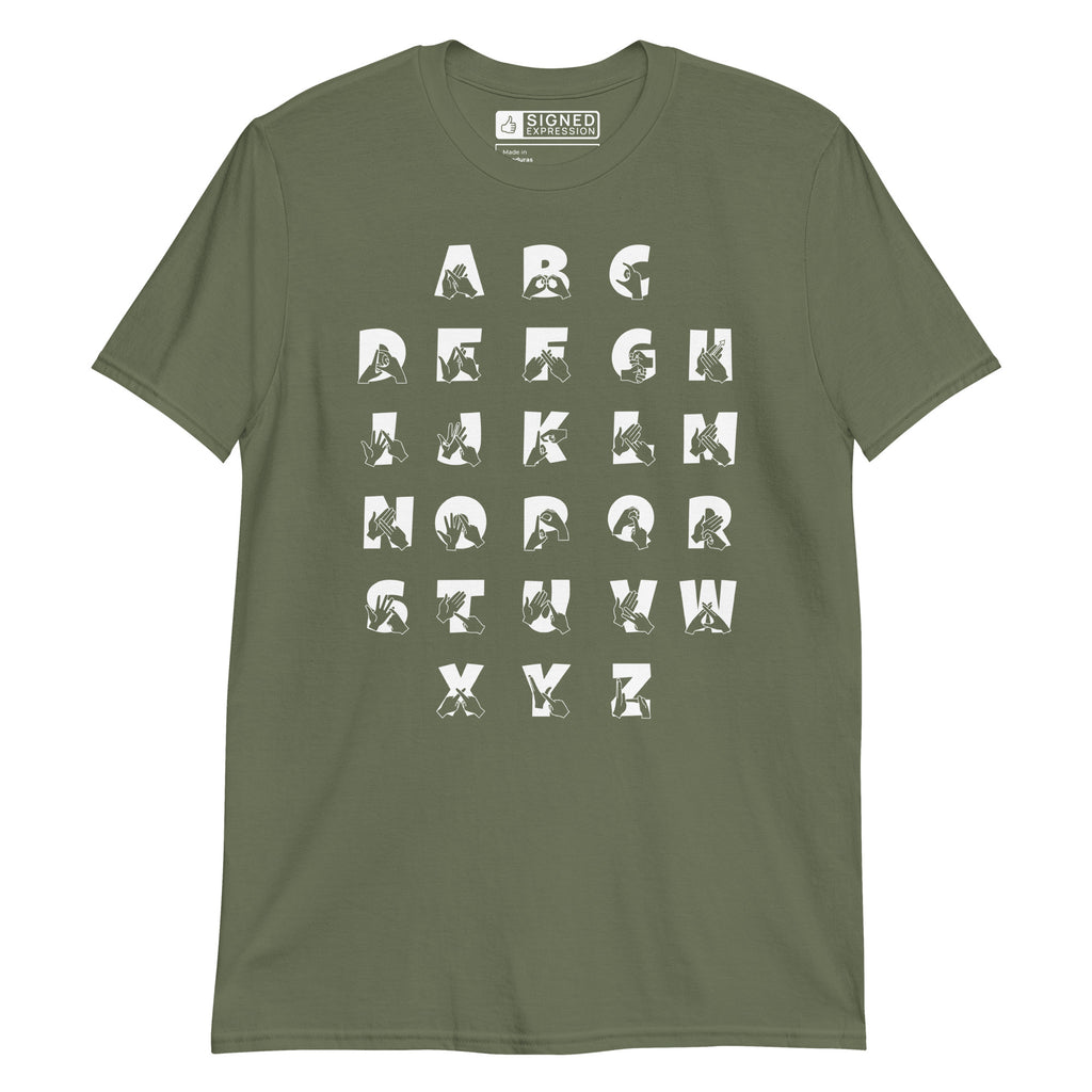 Front view of a military green t-shirt with BSL Alphabet - White Fingerspelling & Text