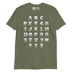 Front view of a military green t-shirt with BSL Alphabet - White Fingerspelling & Text