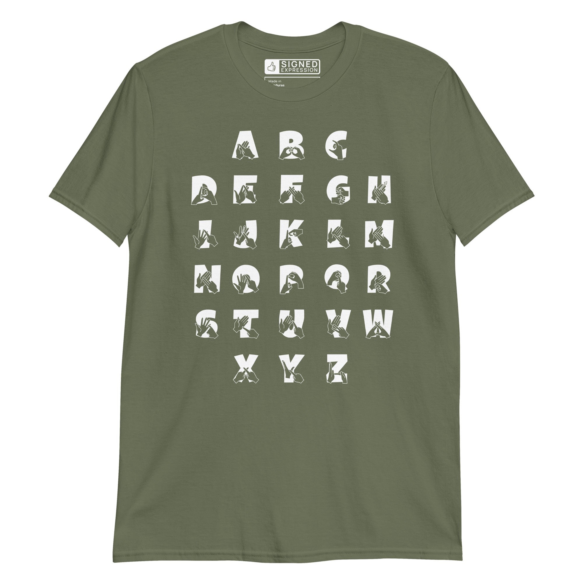 Front view of a military green t-shirt with BSL Alphabet - White Fingerspelling & Text