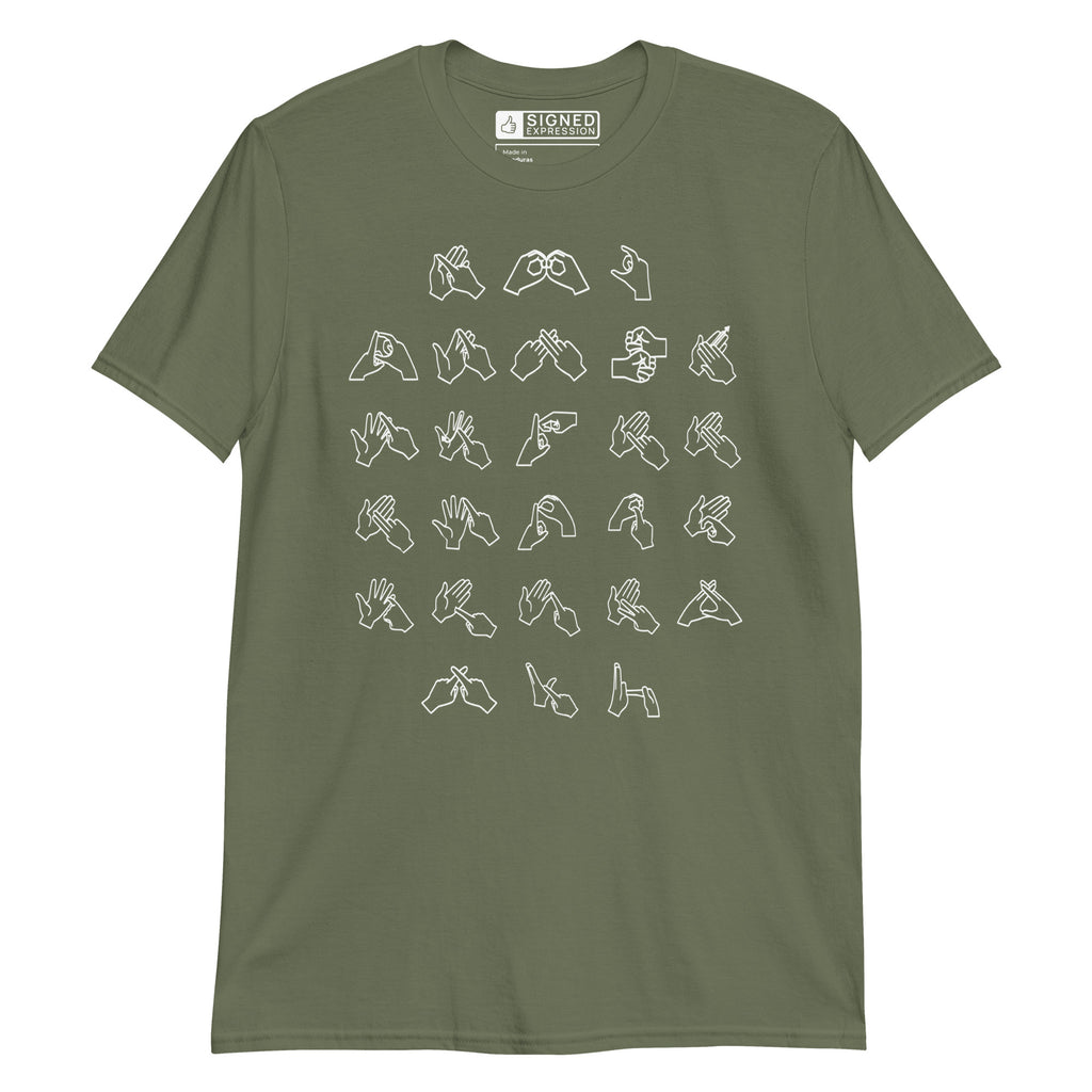 Front view of a military green t-shirt with BSL Alphabet - White Fingerspelling