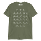 Front view of a military green t-shirt with BSL Alphabet - White Fingerspelling