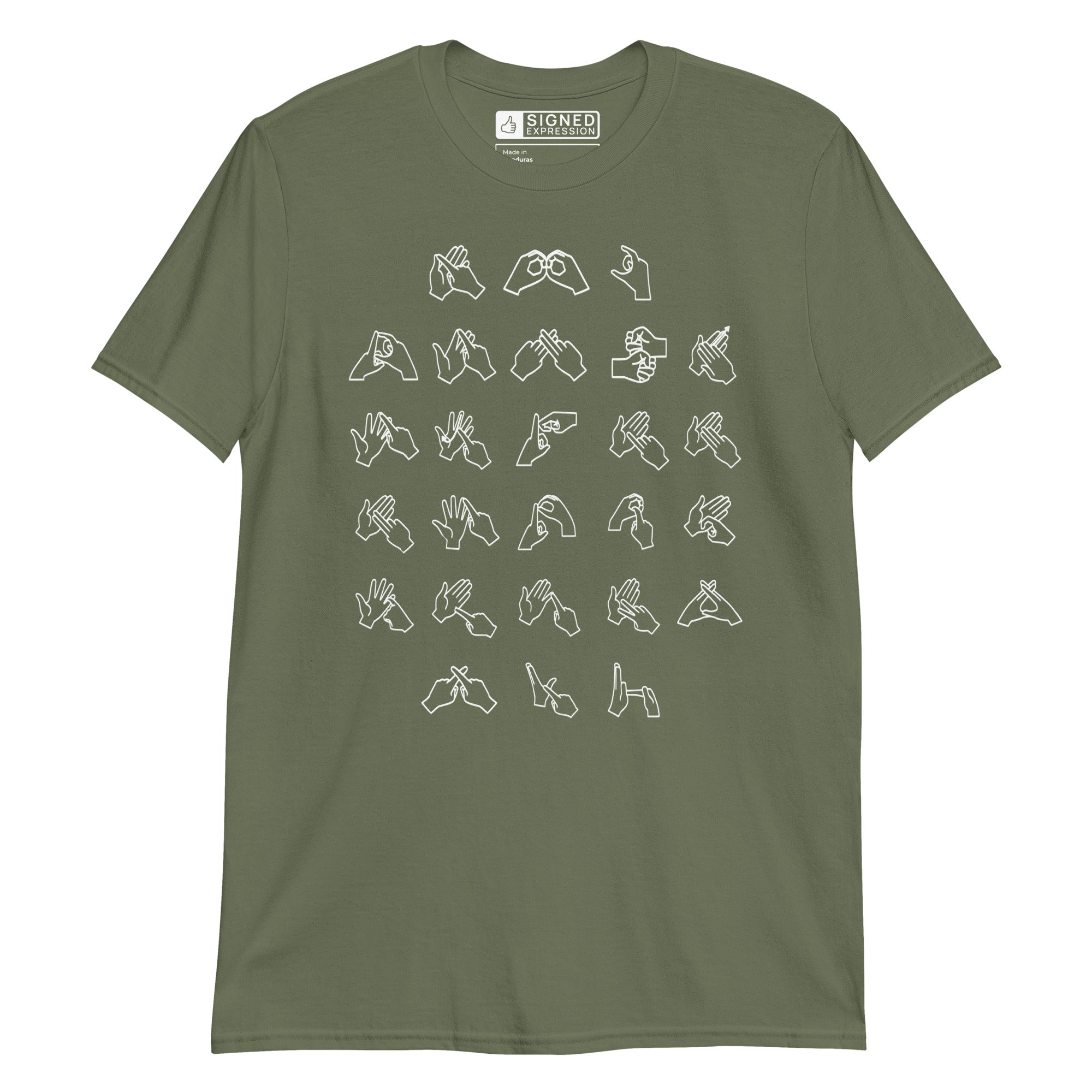 Front view of a military green t-shirt with BSL Alphabet - White Fingerspelling