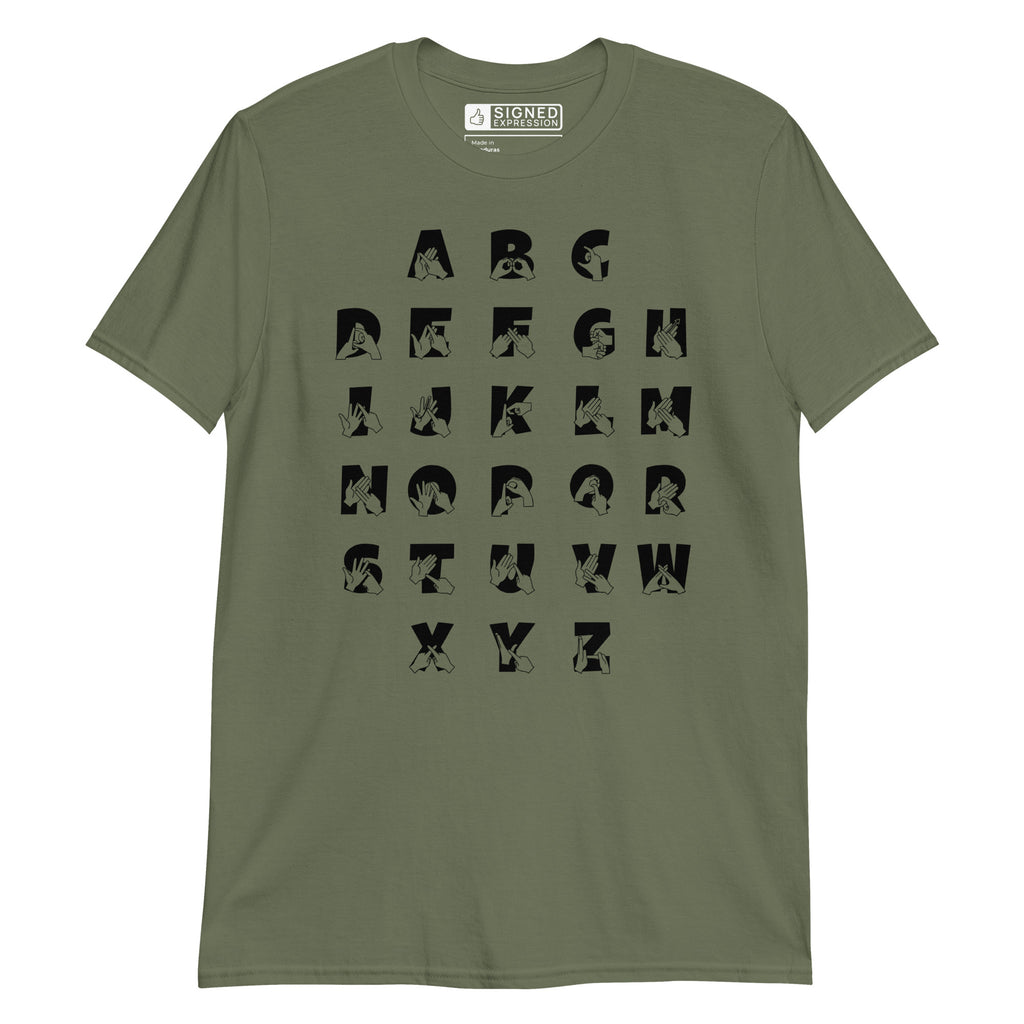 Front view of a military green t-shirt with BSL Alphabet - Black Fingerspelling & Text