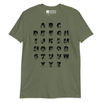 Front view of a military green t-shirt with BSL Alphabet - Black Fingerspelling & Text