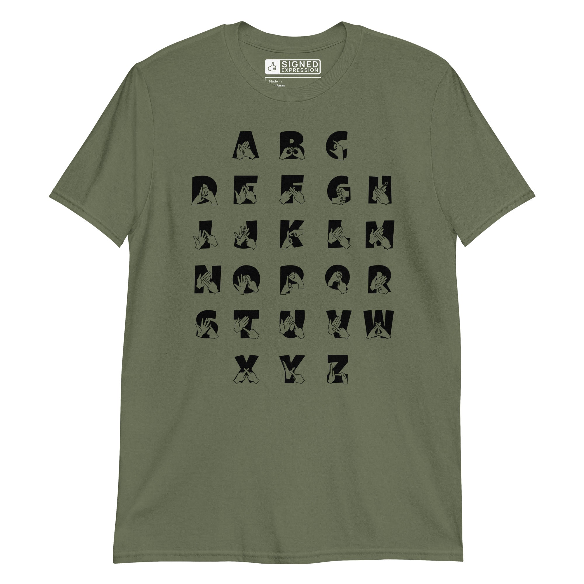 Front view of a military green t-shirt with BSL Alphabet - Black Fingerspelling & Text