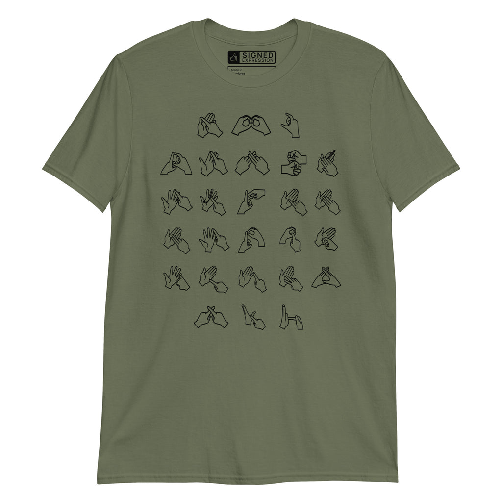 Front view of a military green t-shirt with BSL Alphabet - Black Fingerspelling