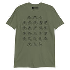 Front view of a military green t-shirt with BSL Alphabet - Black Fingerspelling