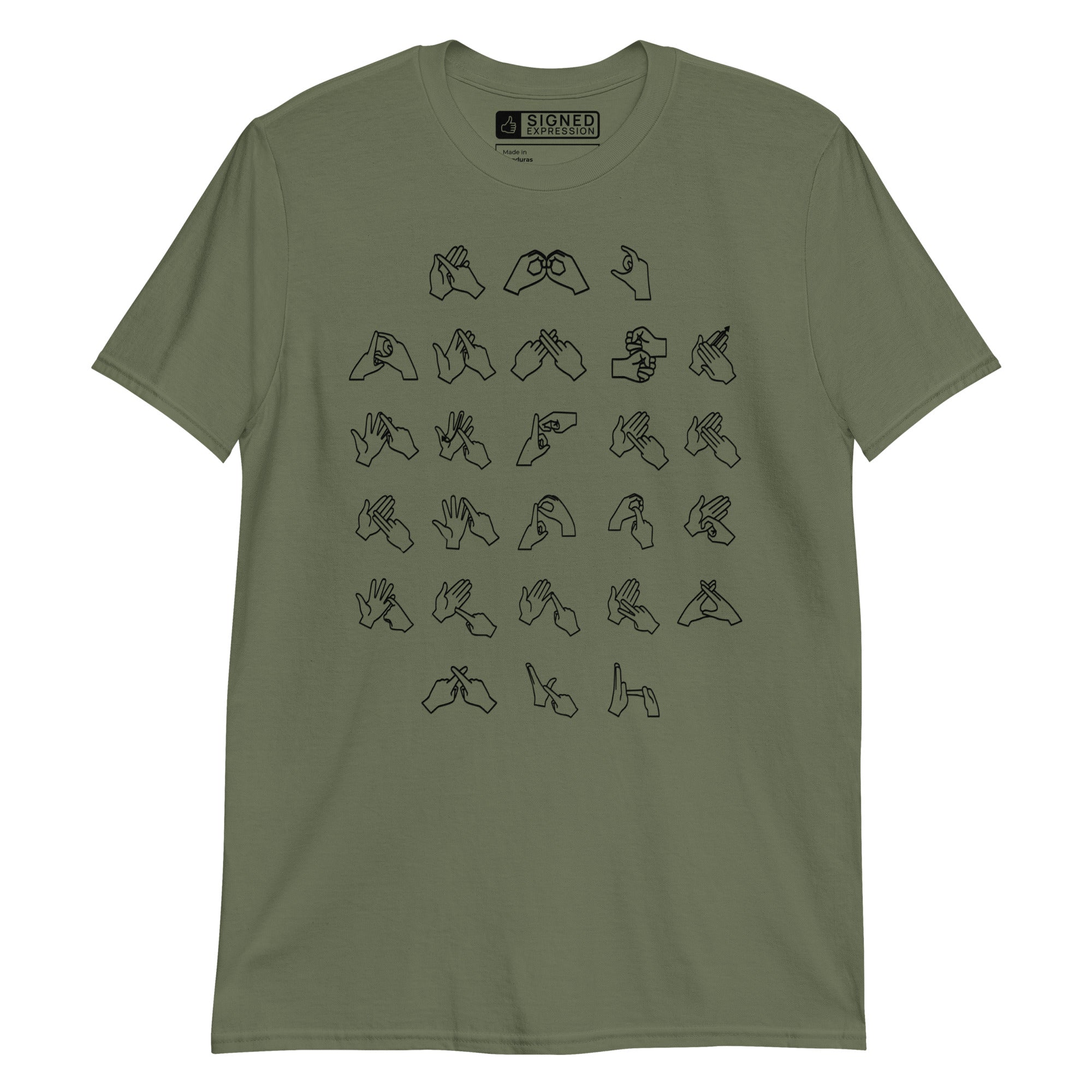 Front view of a military green t-shirt with BSL Alphabet - Black Fingerspelling