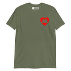 Military green coloured T-Shirt showing a red coloured heart and the iconic BSL Love sign embedded in it on the left side of the chest