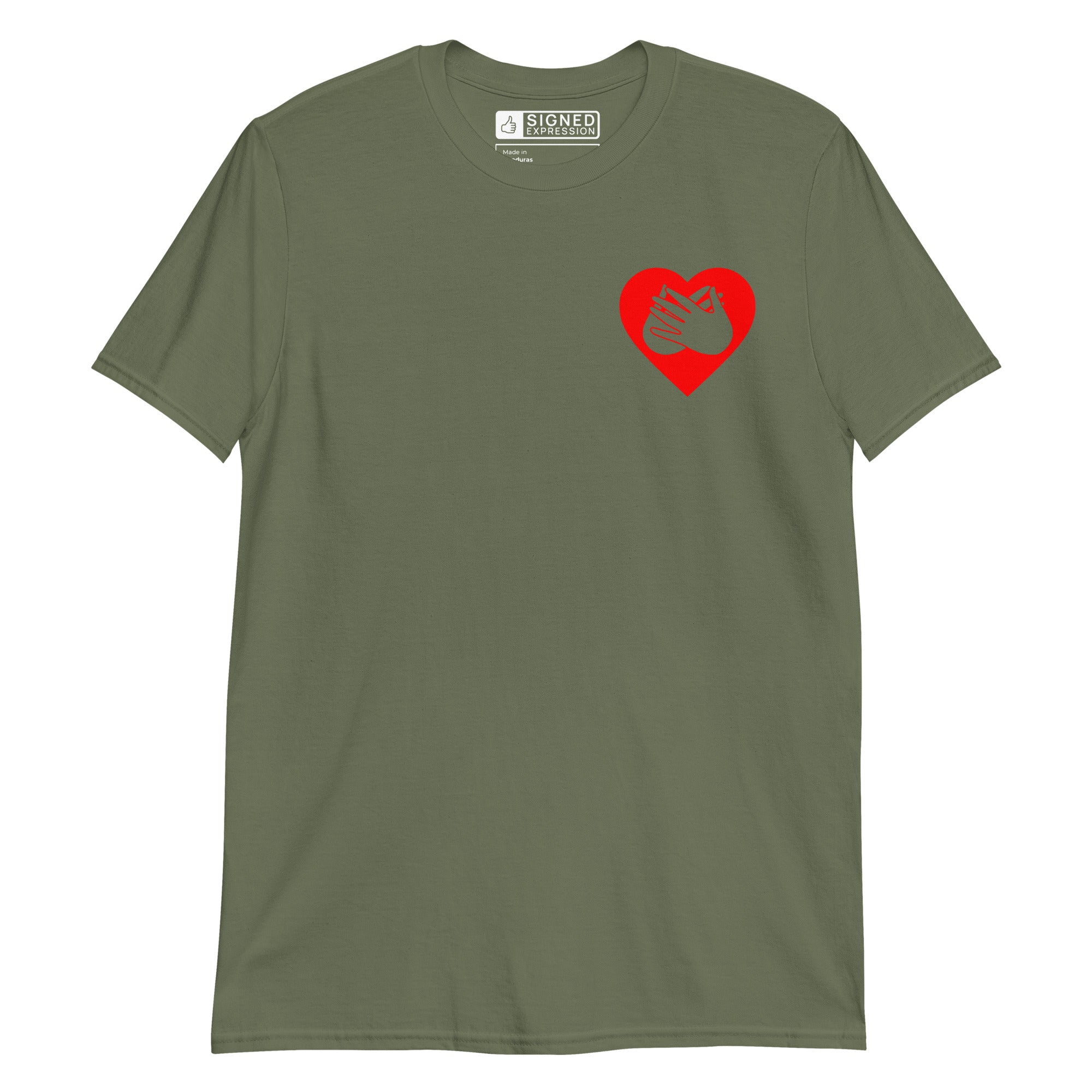 Military green coloured T-Shirt showing a red coloured heart and the iconic BSL Love sign embedded in it on the left side of the chest